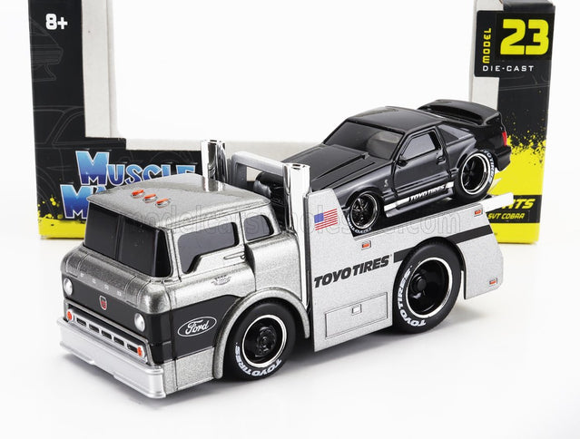 FORD USA | C600 FLATBED TRUCK CAR TRANSPORTER WITH MUSTANG SVT COBRA COUPE TOYO TIRES CUSTOM 1993 | SILVER BLACK