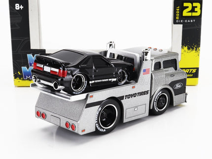 FORD USA | C600 FLATBED TRUCK CAR TRANSPORTER WITH MUSTANG SVT COBRA COUPE TOYO TIRES CUSTOM 1993 | SILVER BLACK