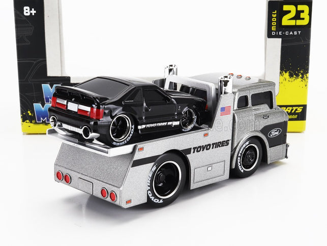 FORD USA | C600 FLATBED TRUCK CAR TRANSPORTER WITH MUSTANG SVT COBRA COUPE TOYO TIRES CUSTOM 1993 | SILVER BLACK
