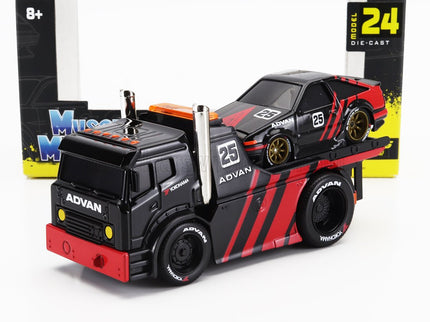 TRUCK | JDM FLATBED TRUCK CAR TRANSPORTER WITH TOYOTA SPRINTER TRUENO (AE86) ADVAN CUSTOM 1983 | BLACK RED