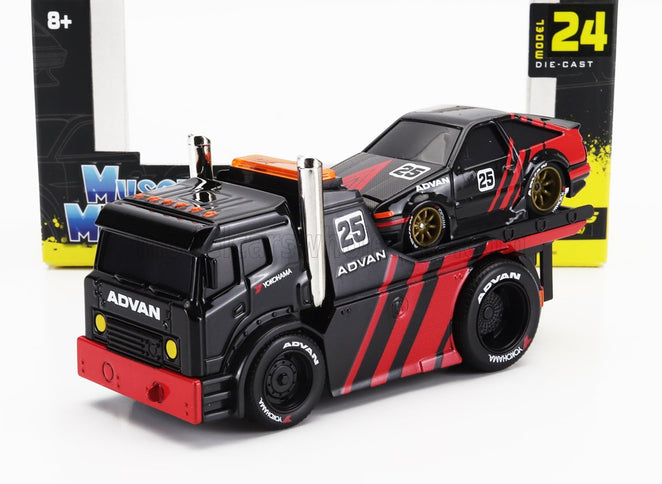 TRUCK | JDM FLATBED TRUCK CAR TRANSPORTER WITH TOYOTA SPRINTER TRUENO (AE86) ADVAN CUSTOM 1983 | BLACK RED