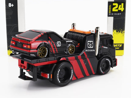 TRUCK | JDM FLATBED TRUCK CAR TRANSPORTER WITH TOYOTA SPRINTER TRUENO (AE86) ADVAN CUSTOM 1983 | BLACK RED