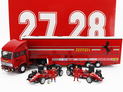IVECO FIAT | FIAT IVECO 190 TRUCK CAR TRANSPORTER MONACO GP 1984 WITH 2X F1 FERRARI 126CK TURBO N 27 MICHELE ALBORETO - N 28 RENE ARNOUX + FIGURES AND ACCESSORIES | RED