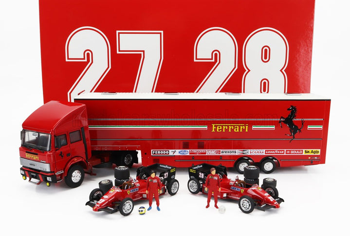 IVECO FIAT | FIAT IVECO 190 TRUCK CAR TRANSPORTER MONACO GP 1984 WITH 2X F1 FERRARI 126CK TURBO N 27 MICHELE ALBORETO - N 28 RENE ARNOUX + FIGURES AND ACCESSORIES | RED