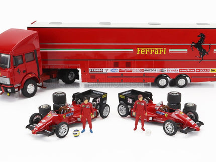 IVECO FIAT | FIAT IVECO 190 TRUCK CAR TRANSPORTER MONACO GP 1984 WITH 2X F1 FERRARI 126CK TURBO N 27 MICHELE ALBORETO - N 28 RENE ARNOUX + FIGURES AND ACCESSORIES | RED