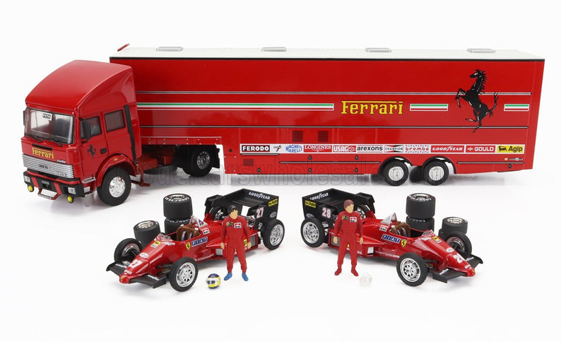 IVECO FIAT | FIAT IVECO 190 TRUCK CAR TRANSPORTER MONACO GP 1984 WITH 2X F1 FERRARI 126CK TURBO N 27 MICHELE ALBORETO - N 28 RENE ARNOUX + FIGURES AND ACCESSORIES | RED