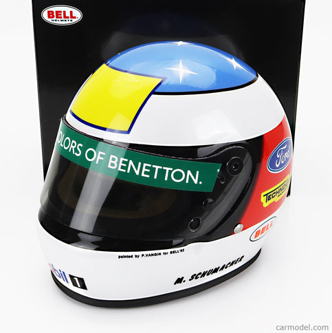 Bell Helmet Helma F1 Benetton B192 Ford (first f1 Win) Víťaz Belgium Spa GP 1992 Michael Schumacher 1:2 Mini Helmet biela červená modrá