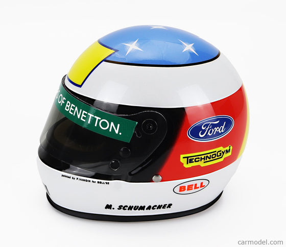 Bell Helmet Helma F1 Benetton B192 Ford (first f1 Win) Víťaz Belgium Spa GP 1992 Michael Schumacher 1:2 Mini Helmet biela červená modrá