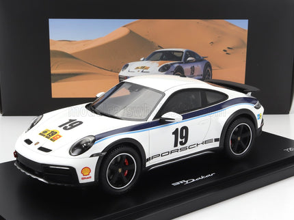 PORSCHE | 911 992 COUPE N 19 RALLY DAKAR DESIGN 2022 - CON VETRINA - WITH SHOWCASE | WHITE BLUE