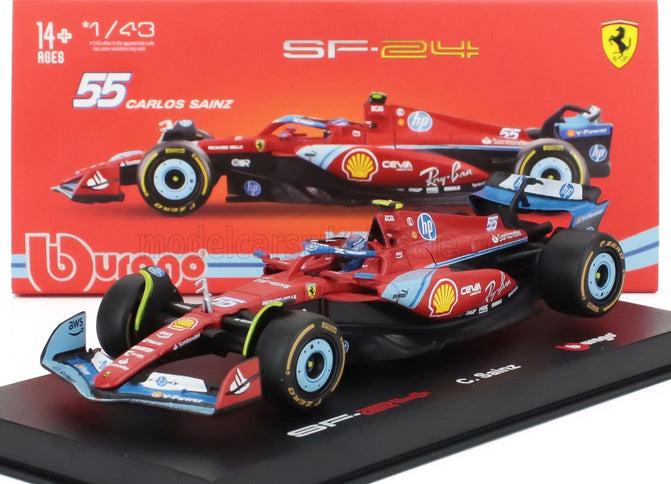 FERRARI | F1  SF-24 TEAM SCUDERIA FERRARI N 55 5th MIAMI GP 2024 CARLOS SAINZ - WITH PILOT AND SHOWCASE | RED BLACK LIGHT BLUE