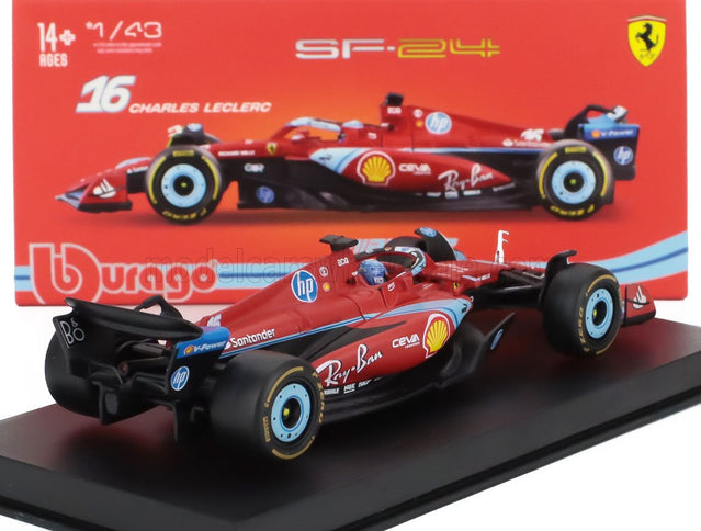 FERRARI | F1  SF-24 TEAM SCUDERIA FERRARI N 16 3rd MIAMI GP 2024 CHARLES LECLERC - WITH PILOT AND SHOWCASE | RED BLACK LIGHT BLUE