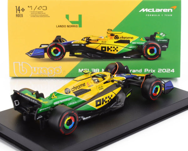 McLAREN | F1  MCL38 TEAM MCLAREN N 4 4th MONACO GP (SENNA 30th ANNIVERSARY) 2024 LANDO NORRIS - WITH PILOT AND SHOWCASE | YELLOW GREEN BLACK