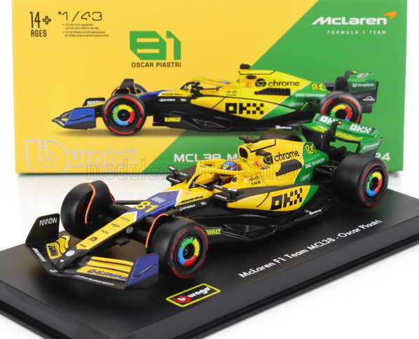 McLAREN | F1  MCL38 TEAM MCLAREN N 81 2nd MONACO GP (SENNA 30th ANNIVERSARY) 2024 OSCAR PIASTRI - WITH PILOT AND SHOWCASE | YELLOW GREEN BLACK