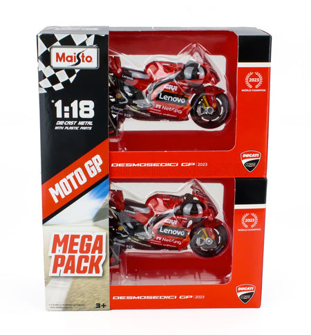DUCATI | SET 2X DESMOSEDICI GP23 TEAM LENOVO N 1 WORLD CHAMPION MOTOGP SEASON 2023 FRANCESCO BAGNAIA + N 23 MOTOGP SEASON 2023 ENEA BASTIANINI | RED