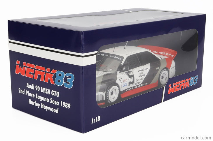 Audi 90 Quattro IMSA GTO Team Audi Sport N°5 2. Miesto Laguna IMSA 1989 Hurley Haywood 1:18 Werk83 biela sivá červená