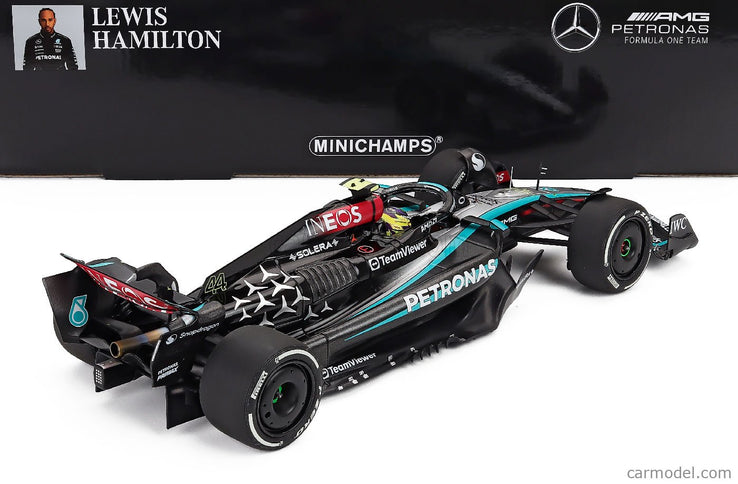 Mercedes Benz F1 W15 EQ Performance Team AMG Petronas Motorsport N°44 4. Miesto Austrian GP 2024 Lewis Hamilton 1:18 Minichamps čierna strieborná zelená
