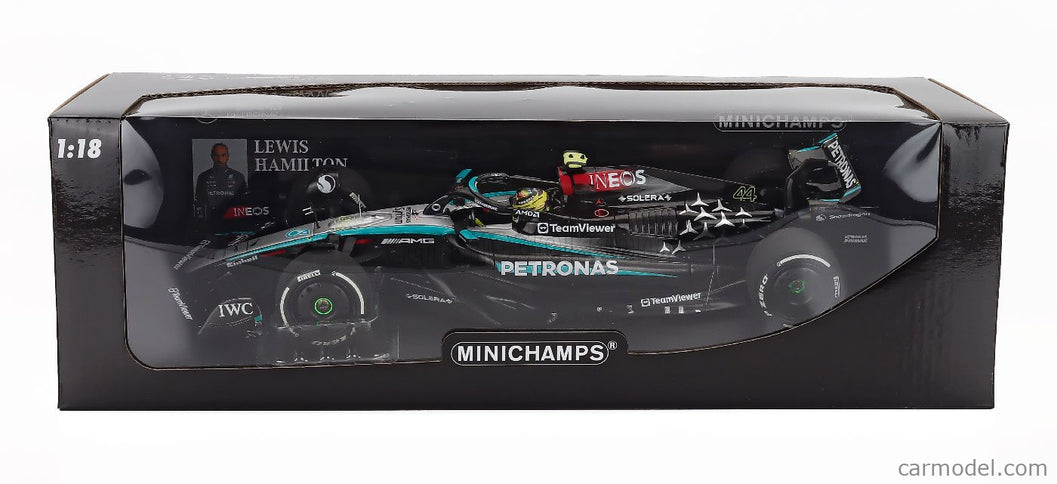 Mercedes Benz F1 W15 EQ Performance Team AMG Petronas Motorsport N°44 4. Miesto Austrian GP 2024 Lewis Hamilton 1:18 Minichamps čierna strieborná zelená