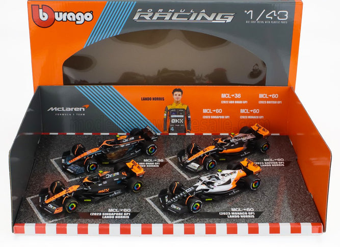 McLAREN | F1  SET 4X - TEAM MCLAREN MCL36 N 4 ABU DHABI GP 2022 - MCL60 N 4 SINGAPORE GP - MONACO GP - BRITISH GP 2023 LANDO NORRIS | ORANGE BLACK WHITE