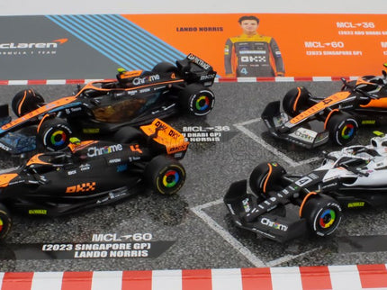 McLAREN | F1  SET 4X - TEAM MCLAREN MCL36 N 4 ABU DHABI GP 2022 - MCL60 N 4 SINGAPORE GP - MONACO GP - BRITISH GP 2023 LANDO NORRIS | ORANGE BLACK WHITE