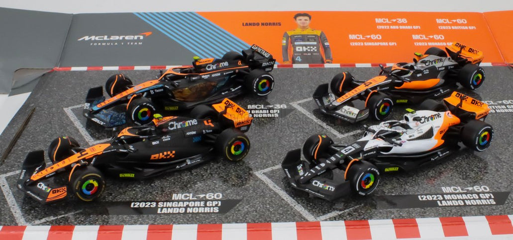 McLAREN | F1  SET 4X - TEAM MCLAREN MCL36 N 4 ABU DHABI GP 2022 - MCL60 N 4 SINGAPORE GP - MONACO GP - BRITISH GP 2023 LANDO NORRIS | ORANGE BLACK WHITE