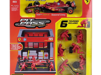 FERRARI | F1  SF-24 DIORAMA GARAGE PIT-STOP TEAM SCUDERIA FERRARI N 55 SEASON 2024 CARLOS SAINZ WITH CREW FIGURE AND ACCESSORIES | RED BLACK