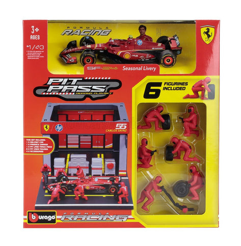 FERRARI | F1  SF-24 DIORAMA GARAGE PIT-STOP TEAM SCUDERIA FERRARI N 55 SEASON 2024 CARLOS SAINZ WITH CREW FIGURE AND ACCESSORIES | RED BLACK