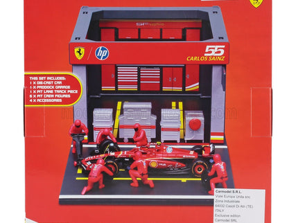 FERRARI | F1  SF-24 DIORAMA GARAGE PIT-STOP TEAM SCUDERIA FERRARI N 55 SEASON 2024 CARLOS SAINZ WITH CREW FIGURE AND ACCESSORIES | RED BLACK