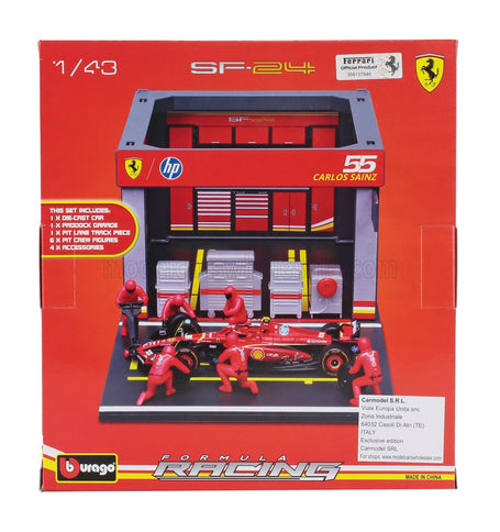 FERRARI | F1  SF-24 DIORAMA GARAGE PIT-STOP TEAM SCUDERIA FERRARI N 55 SEASON 2024 CARLOS SAINZ WITH CREW FIGURE AND ACCESSORIES | RED BLACK