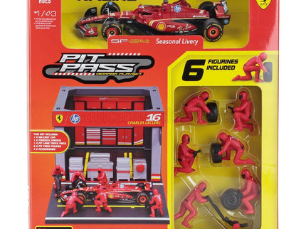 FERRARI | F1  SF-24 DIORAMA GARAGE PIT-STOP TEAM SCUDERIA FERRARI N 16 SEASON 2024 CHARLES LECLERC WITH CREW FIGURE AND ACCESSORIES | RED BLACK