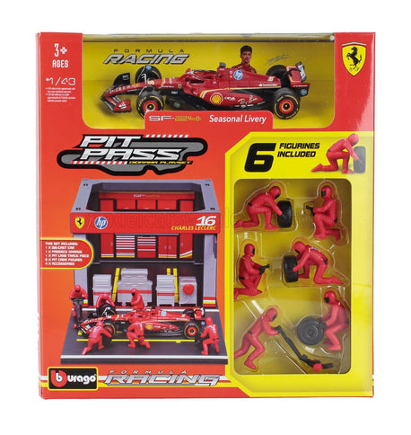 FERRARI | F1  SF-24 DIORAMA GARAGE PIT-STOP TEAM SCUDERIA FERRARI N 16 SEASON 2024 CHARLES LECLERC WITH CREW FIGURE AND ACCESSORIES | RED BLACK