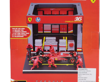 FERRARI | F1  SF-24 DIORAMA GARAGE PIT-STOP TEAM SCUDERIA FERRARI N 16 SEASON 2024 CHARLES LECLERC WITH CREW FIGURE AND ACCESSORIES | RED BLACK