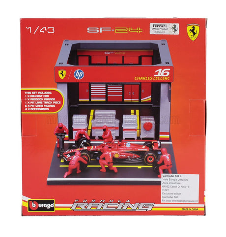 FERRARI | F1  SF-24 DIORAMA GARAGE PIT-STOP TEAM SCUDERIA FERRARI N 16 SEASON 2024 CHARLES LECLERC WITH CREW FIGURE AND ACCESSORIES | RED BLACK