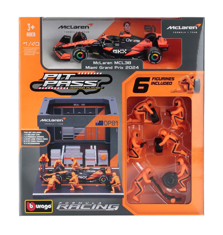 McLAREN | F1  MCL38 DIORAMA GARAGE PIT-STOP TEAM MCLAREN N 81 SEASON 2024 OSCAR PIASTRI WITH CREW FIGURE AND ACCESSORIES | ORANGE BLACK