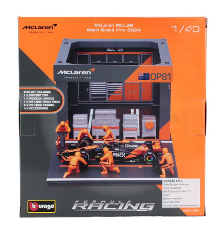 McLAREN | F1  MCL38 DIORAMA GARAGE PIT-STOP TEAM MCLAREN N 81 SEASON 2024 OSCAR PIASTRI WITH CREW FIGURE AND ACCESSORIES | ORANGE BLACK