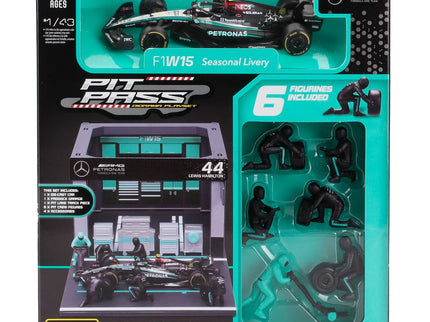MERCEDES GP | F1  W15 EQ PERFORMANCE DIORAMA GARAGE PIT-STOP TEAM AMG PETRONAS MOTORSPORT N 44 SEASON 2024 LEWIS HAMILTON WITH CREW FIGURE AND ACCESSORIES | BLACK SILVER GREEN