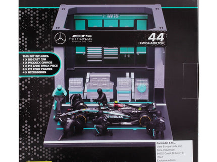 MERCEDES GP | F1  W15 EQ PERFORMANCE DIORAMA GARAGE PIT-STOP TEAM AMG PETRONAS MOTORSPORT N 44 SEASON 2024 LEWIS HAMILTON WITH CREW FIGURE AND ACCESSORIES | BLACK SILVER GREEN