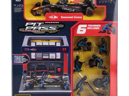 RED BULL | F1  RB19 DIORAMA GARAGE PIT-STOP TEAM ORACLE RED BULL RACING N 11 SEASON 2023 SERGIO PEREZ WITH CREW FIGURE AND ACCESSORIES | BLUE YELLOW RED