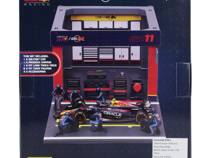 RED BULL | F1  RB19 DIORAMA GARAGE PIT-STOP TEAM ORACLE RED BULL RACING N 11 SEASON 2023 SERGIO PEREZ WITH CREW FIGURE AND ACCESSORIES | BLUE YELLOW RED