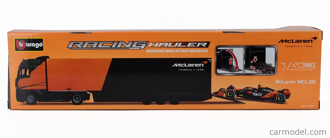 Mercedes Benz Actros 2 Gigaspace Nákladiak Car Transporter With F1 Mclaren MCL38 Team Mclaren N°4 Sezóna 2024 Lando Norris 1:43 Bburago čierna oranžová