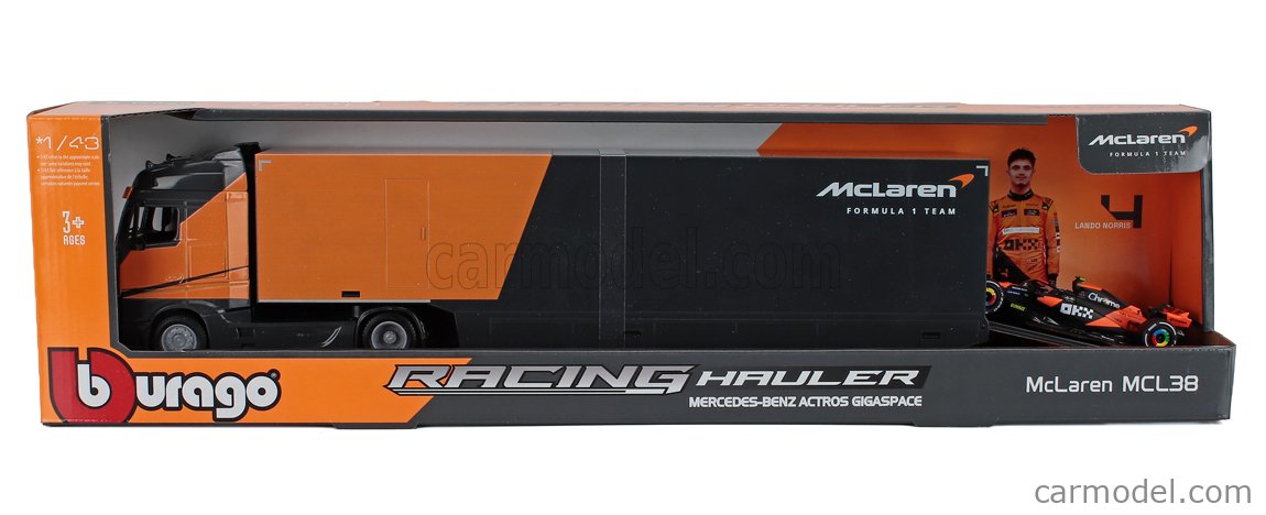 Mercedes Benz Actros 2 Gigaspace Nákladiak Car Transporter With F1 Mclaren MCL38 Team Mclaren N°4 Sezóna 2024 Lando Norris 1:43 Bburago čierna oranžová