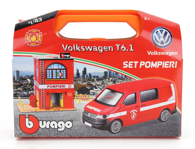 ACCESSORIES | DIORAMA - SET BUILD YOUR CITY FIRE STATION - CASERMA VIGILI DEL FUOCO - WITH VOLKSWAGEN T6 MINIBUS | RED WHITE