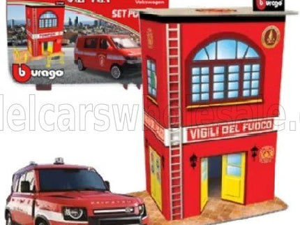 ACCESSORIES | DIORAMA - SET BUILD YOUR CITY FIRE STATION - CASERMA VIGILI DEL FUOCO - WITH VOLKSWAGEN T6 MINIBUS | RED WHITE