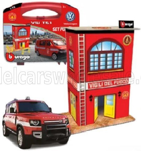 ACCESSORIES | DIORAMA - SET BUILD YOUR CITY FIRE STATION - CASERMA VIGILI DEL FUOCO - WITH VOLKSWAGEN T6 MINIBUS | RED WHITE