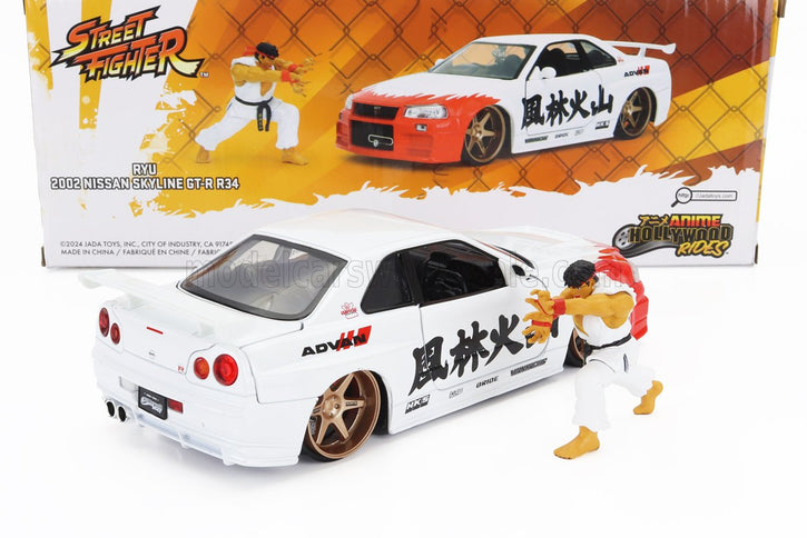 NISSAN | SKYLINE GT-R (R34) ADVAN 2002 WITH STREET FIGHTER RYU FIGURE | WHITE RED