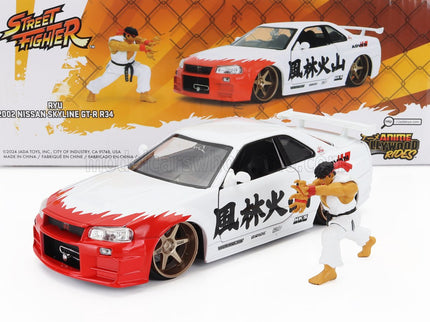 NISSAN | SKYLINE GT-R (R34) ADVAN 2002 WITH STREET FIGHTER RYU FIGURE | WHITE RED