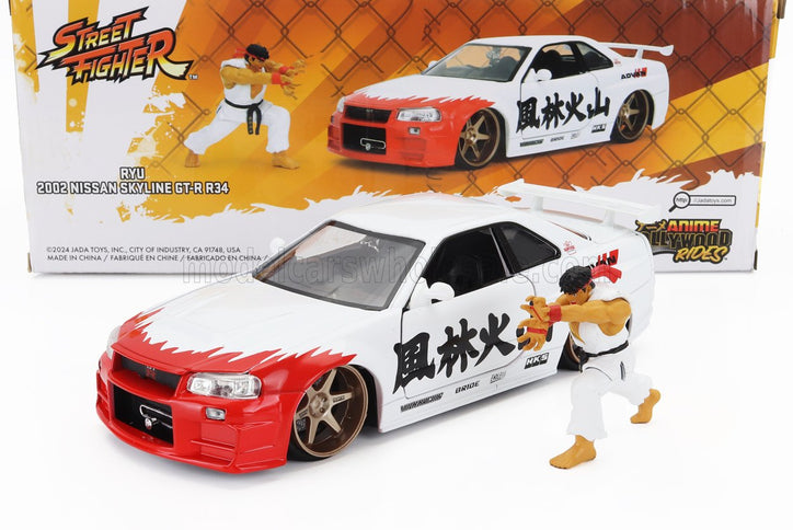 NISSAN | SKYLINE GT-R (R34) ADVAN 2002 WITH STREET FIGHTER RYU FIGURE | WHITE RED