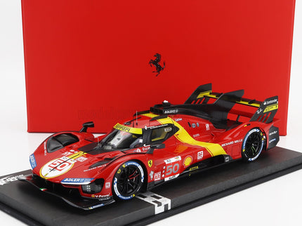 FERRARI | 499P 3.0L TURBO V6 TEAM FERRARI AF CORSE N 50 5th 24h LE MANS (POLE POSITION) 2023 ANTONIO FUOCO - MIGUEL MOLINA - NICKLAS NIELSEN - CON VETRINA - WITH SHOWCASE | RED YELLOW BLACK