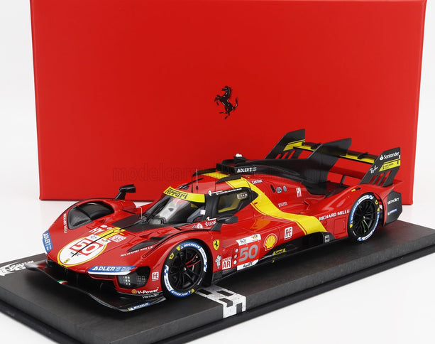 FERRARI | 499P 3.0L TURBO V6 TEAM FERRARI AF CORSE N 50 5th 24h LE MANS (POLE POSITION) 2023 ANTONIO FUOCO - MIGUEL MOLINA - NICKLAS NIELSEN - CON VETRINA - WITH SHOWCASE | RED YELLOW BLACK