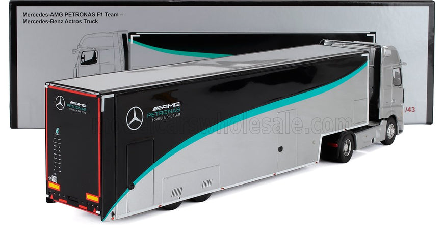 MERCEDES BENZ | ACTROS MP4 1851 TRUCK CAR TRANSPORTER TEAM MERCEDES-AMG PETRONAS F1 FORMULA ONE SEASON 2023 | SILVER BLACK GREEN