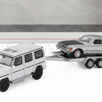 MERCEDES BENZ | G-CLASS (W463) 2018 WITH TRAILER + SL-CLASS 450SLC 5.0 COUPE (C107) 1980 | WHITE SILVER BLACK